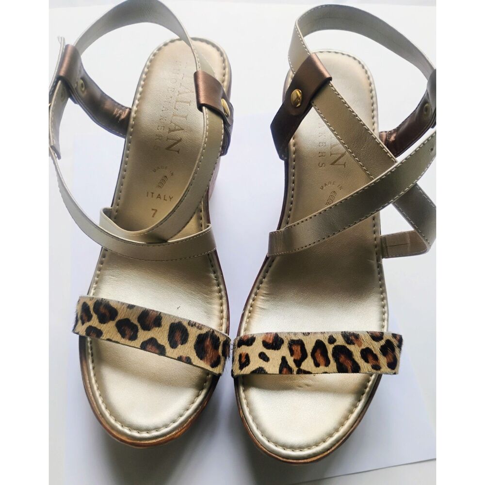 Italian Shoemakers Cheetah Animal Print Women's Wedge Sandals Gold Brown Size 7
